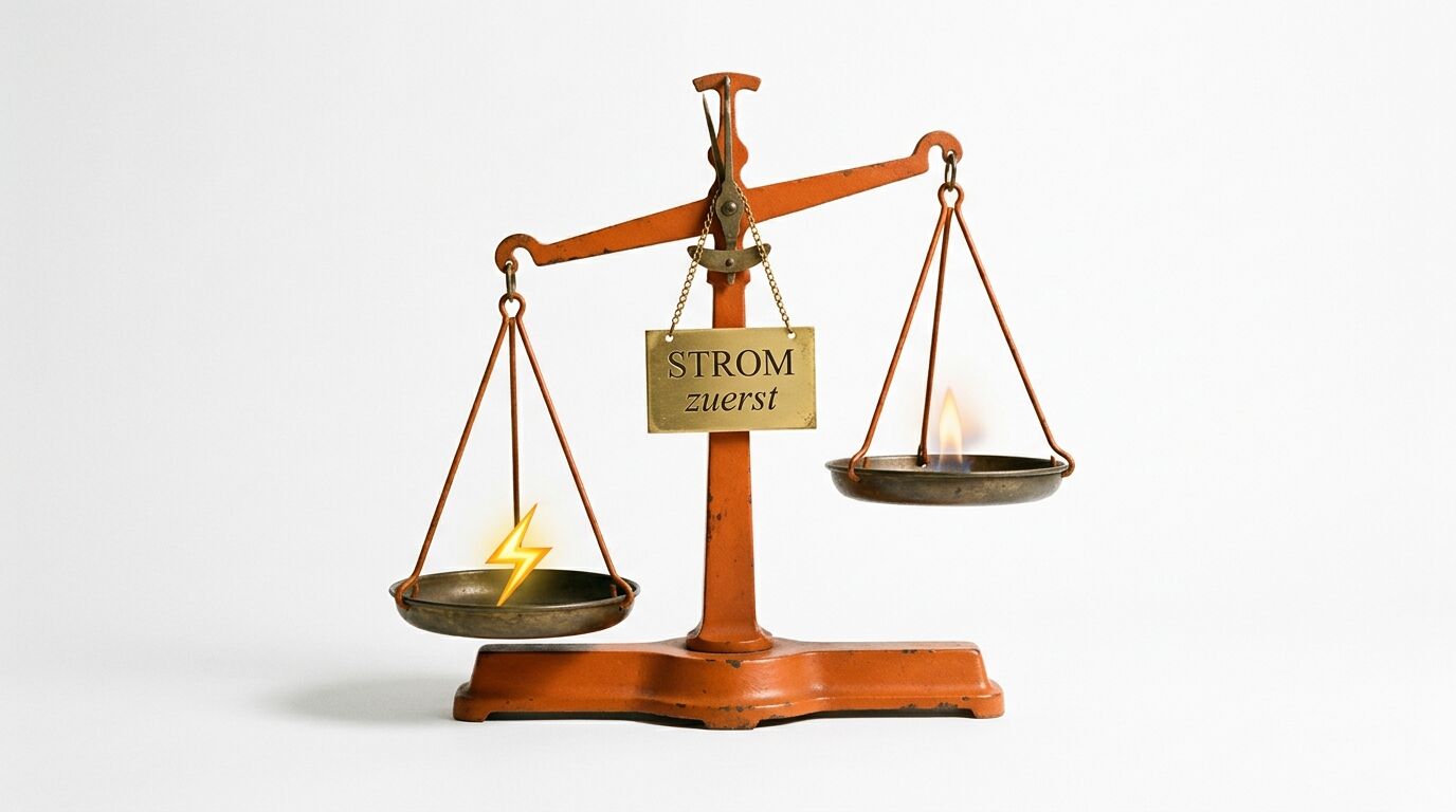 Eine Waage mit Blitz links, Feuer rechts, Schild „STROM zuerst“