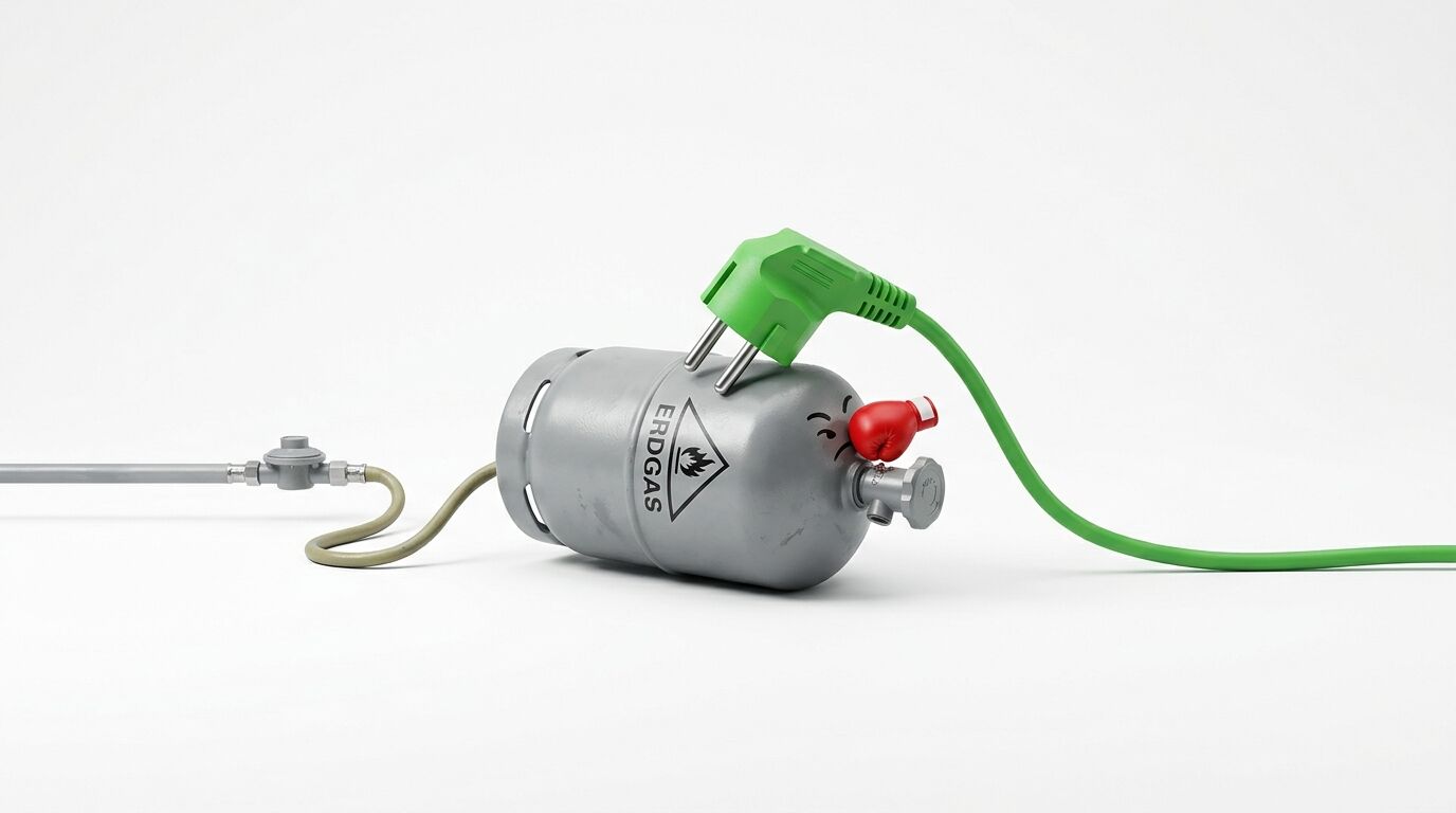 Ein Stromstecker mit Boxhandschuh und bösem Gesicht drückt auf eine Erdgasflasche