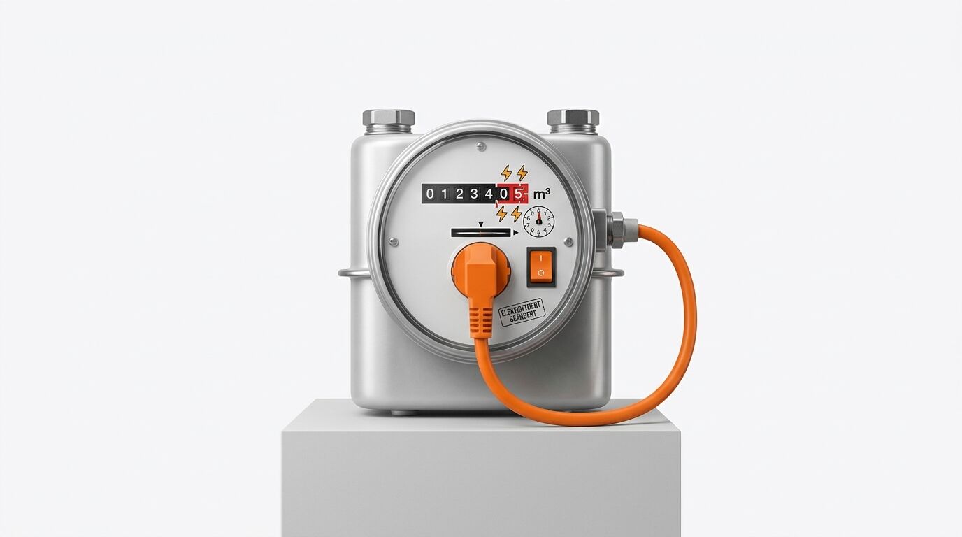 Gaszähler mit einem orangefarbenen Stecker und Kabel vor weißem Hintergrund