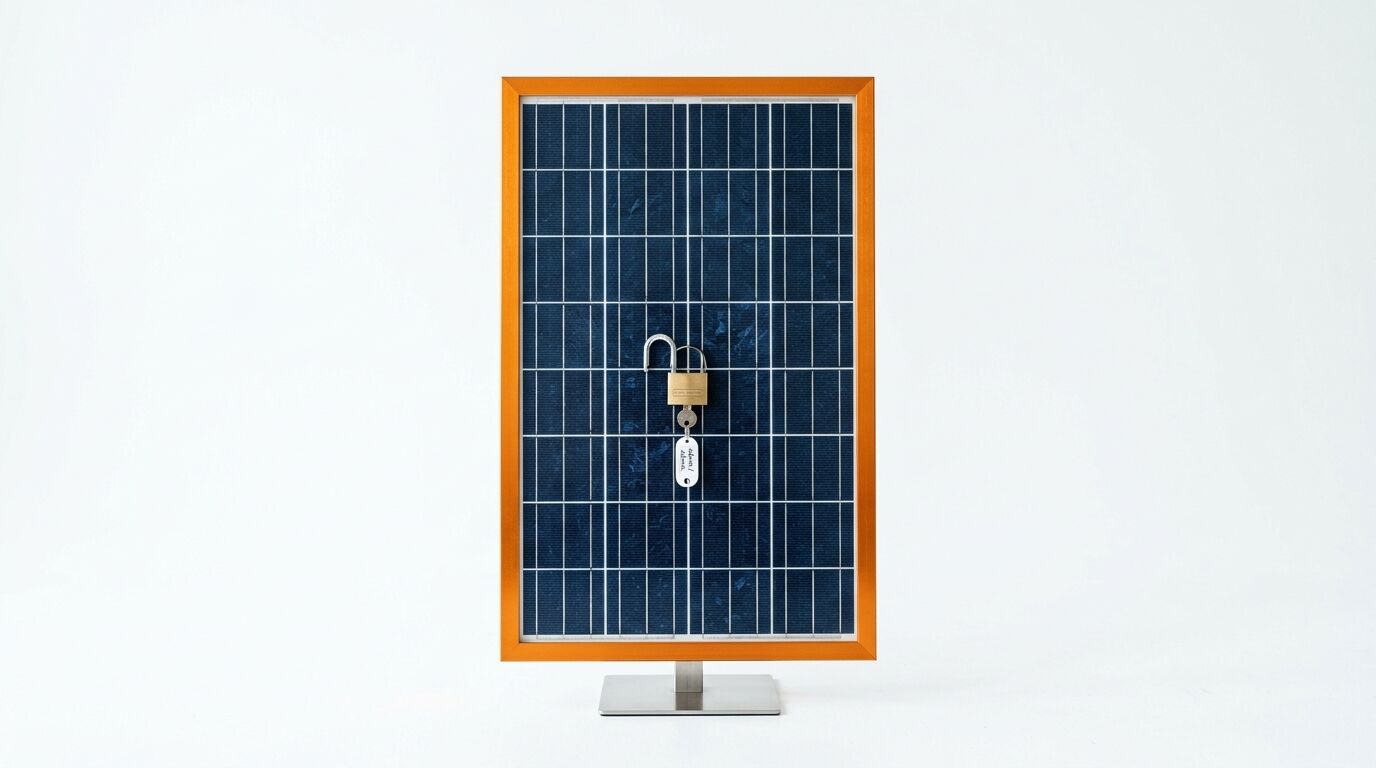 Ein Solarpanel in einem orangen Rahmen auf einem Standfuß, davor ein offenes Vorhängeschloss mit Schlüssel