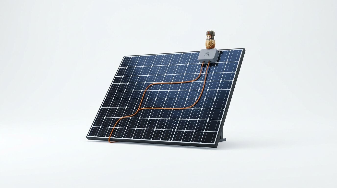 Ein Solarpanel, darauf eine Holzpuppe mit Uschanka und Hammer-und-Sichel-Symbol, Kabel führen herab