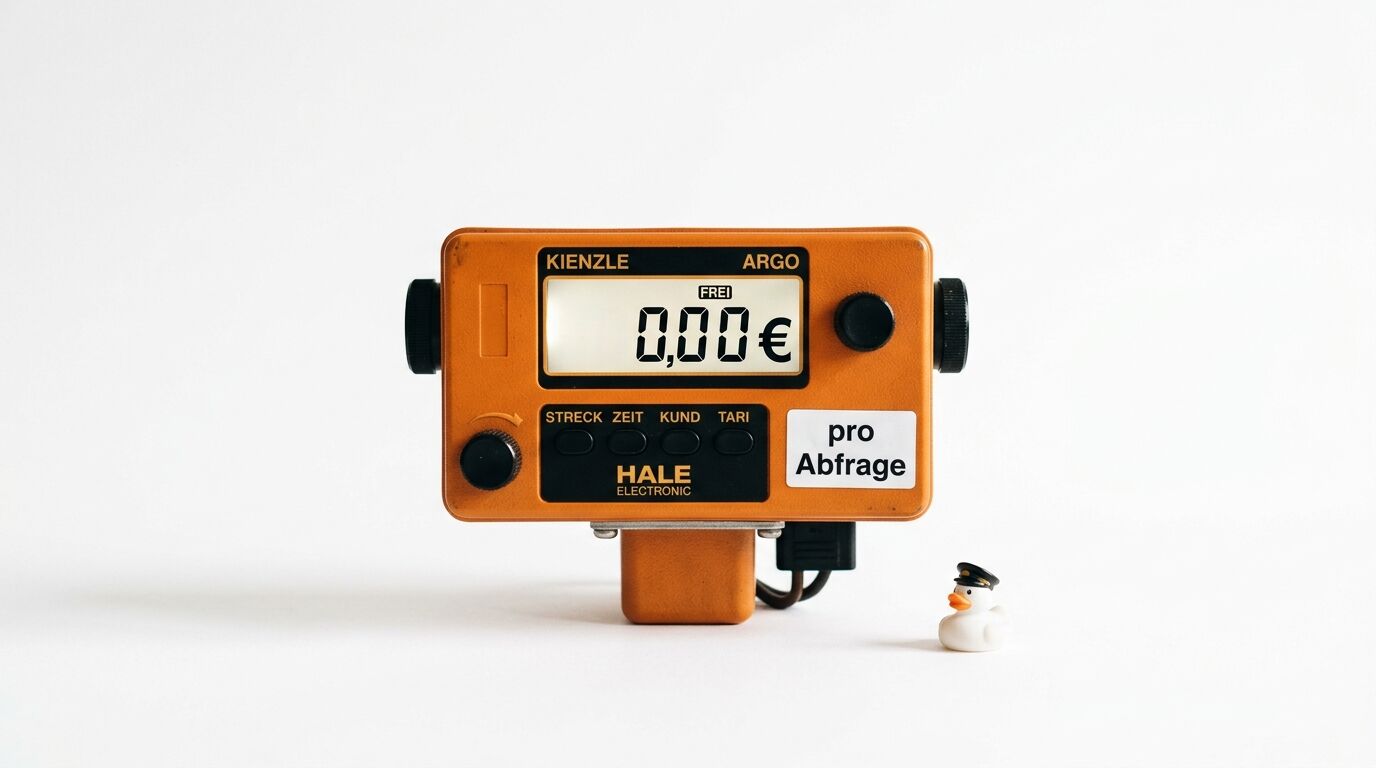 Hale Electronic Taxameter (orange) mit der Anzeige 0,00 € FREI und einer kleinen Ente
