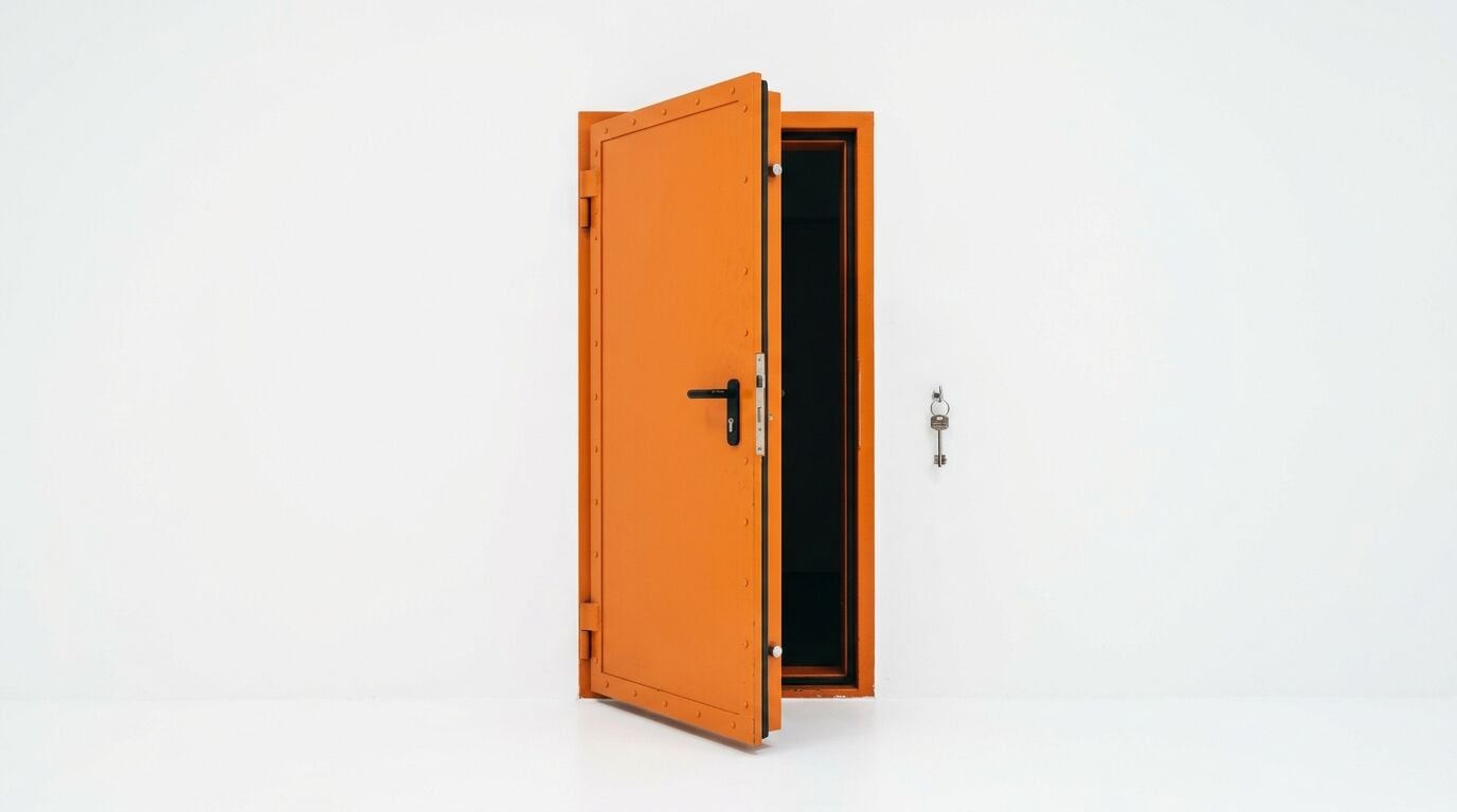 Eine offene orangefarbene Tresortür auf weißem Hintergrund mit einem Schlüssel daneben