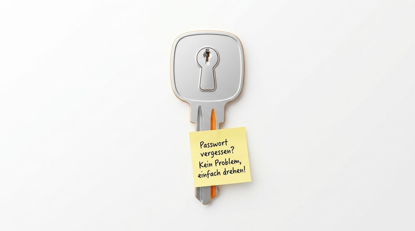 Stilisierter Schlüssel mit Schlüsselloch und Notizzettel „Passwort vergessen? Einfach drehen!“ auf weißem Grund