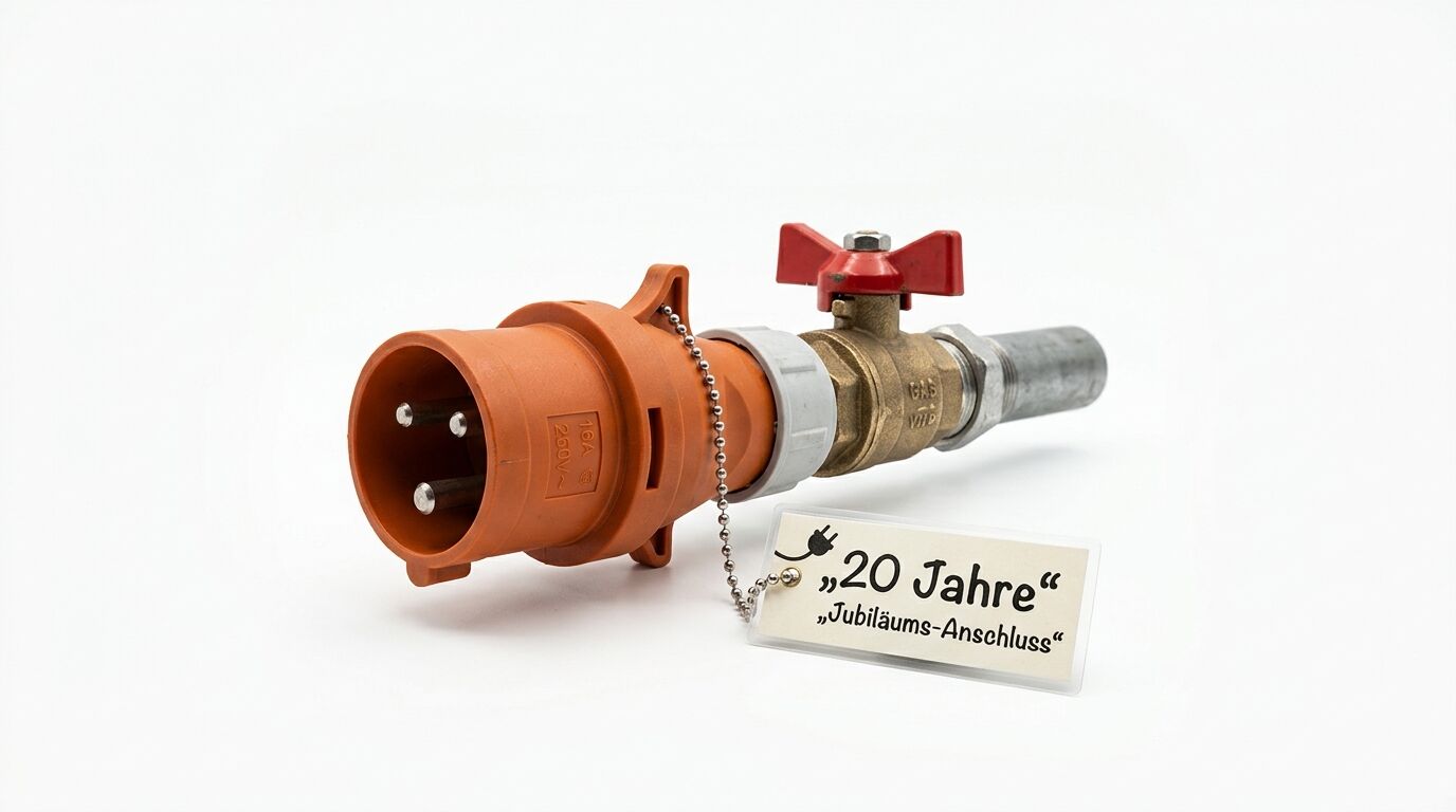 CEE-Stecker mit Kugelhahn verbunden, daran hängt ein Anhänger mit Text „20 Jahre“