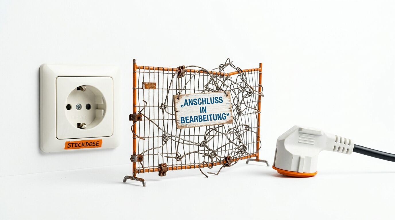 Bauzaun trennt Steckdose von Stecker, Schild „ANSCHLUSS IN BEARBEITUNG“ davor, weißer Hintergrund