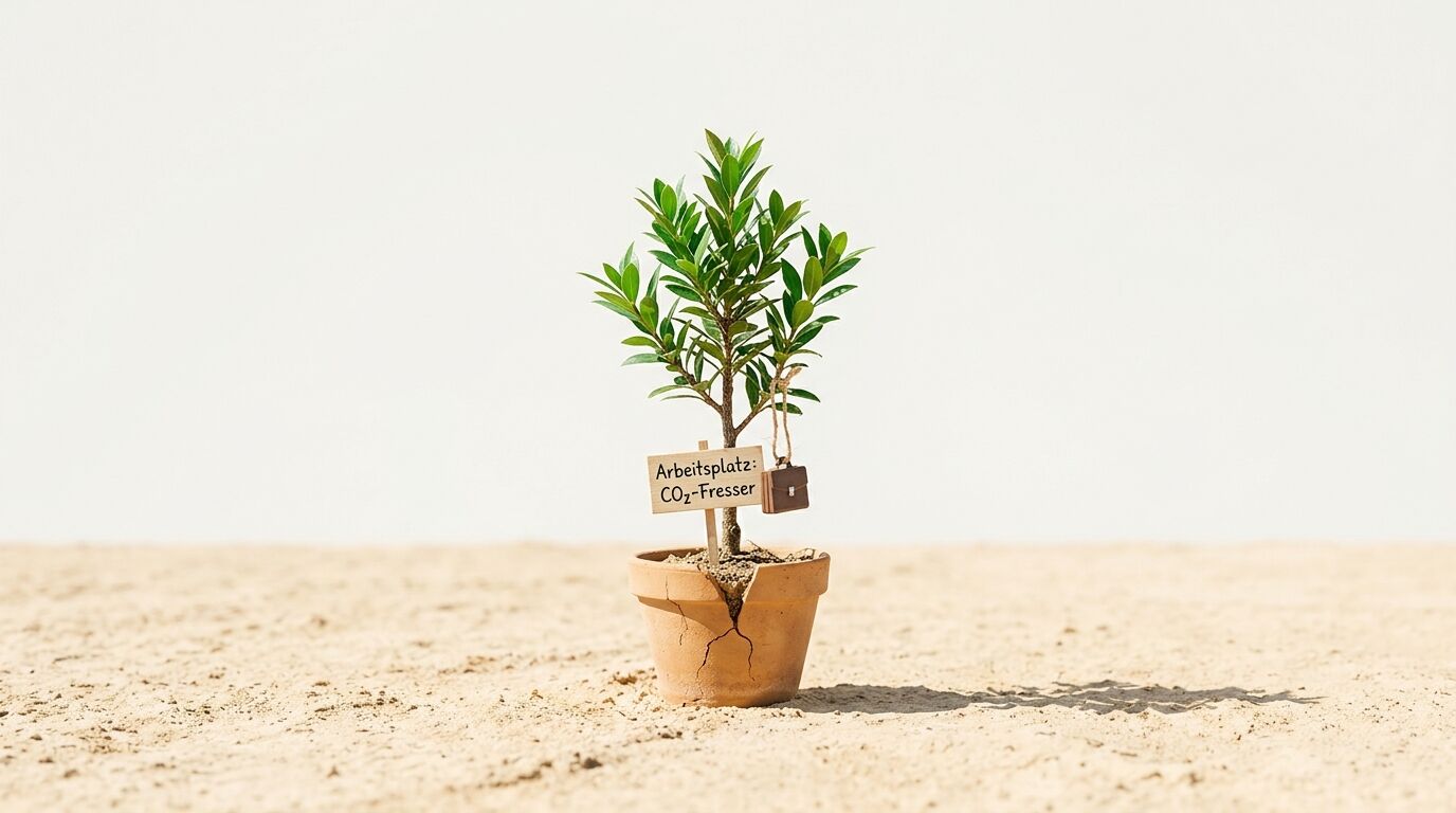 Pflanze im gebrochenen Topf im Sand mit Schild „Arbeitsplatz: CO₂-Fresser“ und Aktentasche