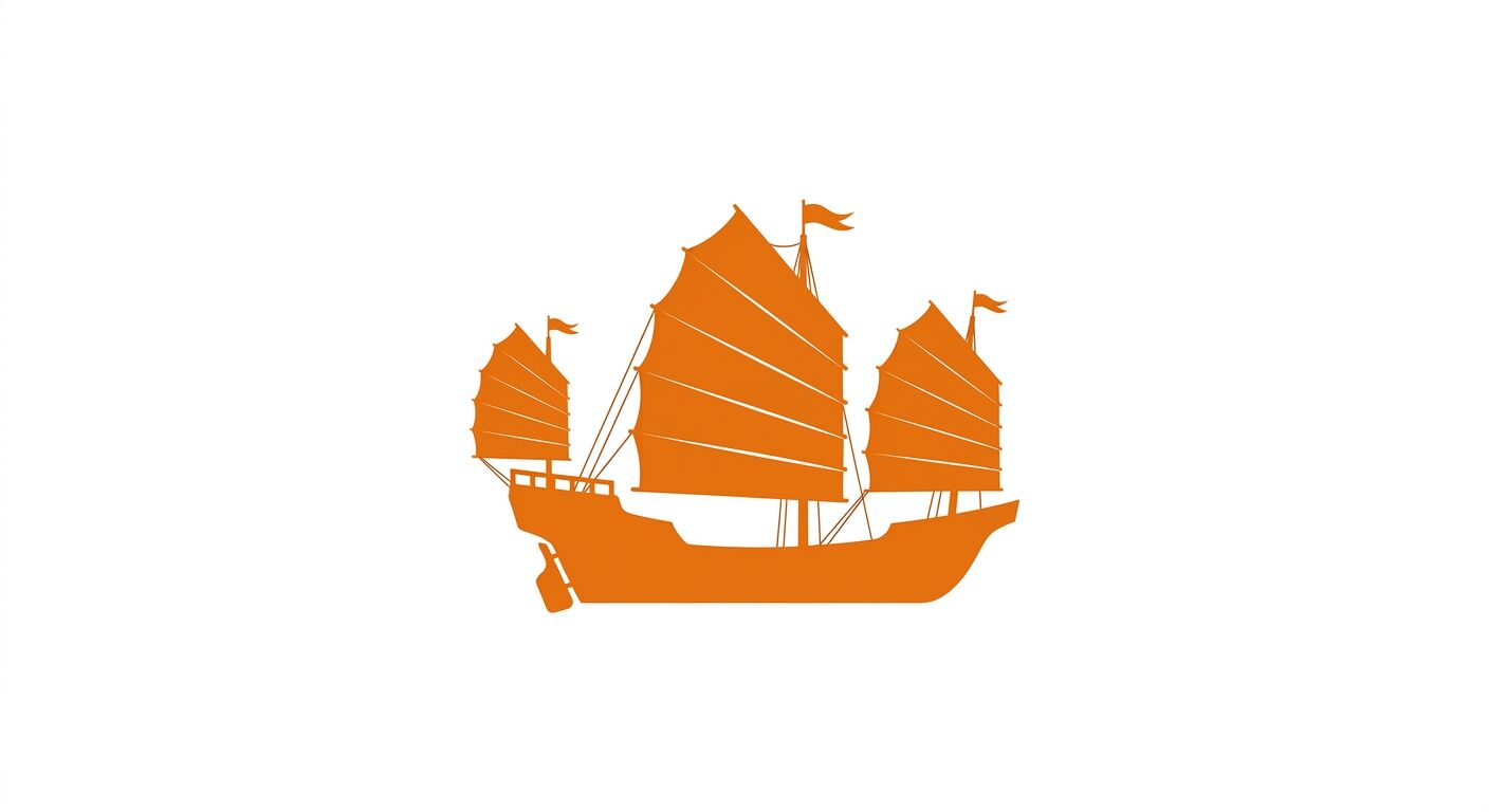 Ein Bild einer orangefarbenen Dschunke auf weißem Hintergrund