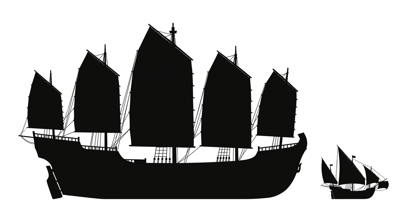 Silhouette einer großen Dschunke und eines kleinen Segelbootes im Größenvergleich