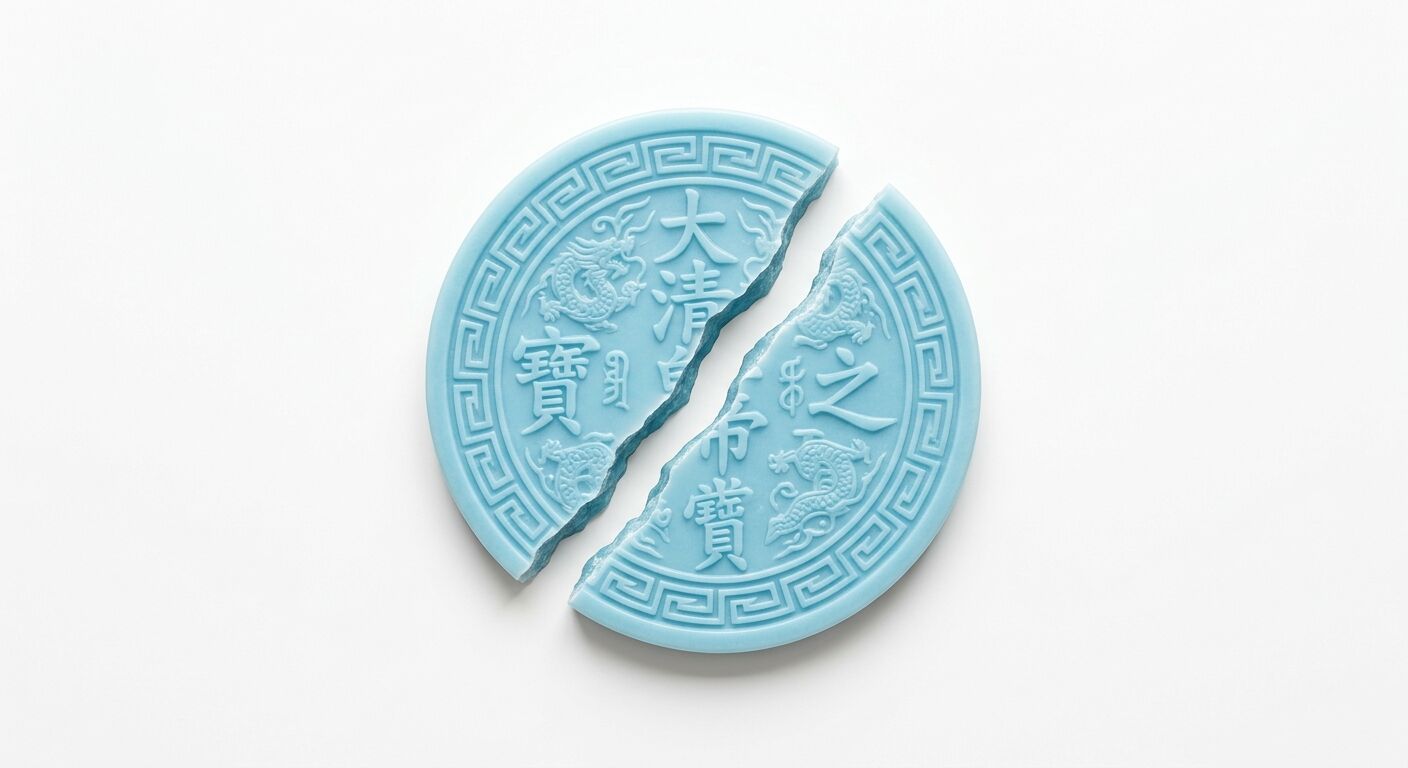 Eine zerbrochene, hellblaue, runde Plakette mit chinesischen Schriftzeichen und Drachenmotiven