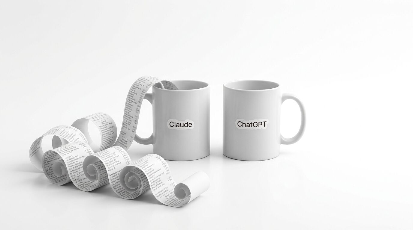 Zwei Tassen, „Claude“ und „ChatGPT“ beschriftet, daneben eine lange, beschriebene Papierrolle