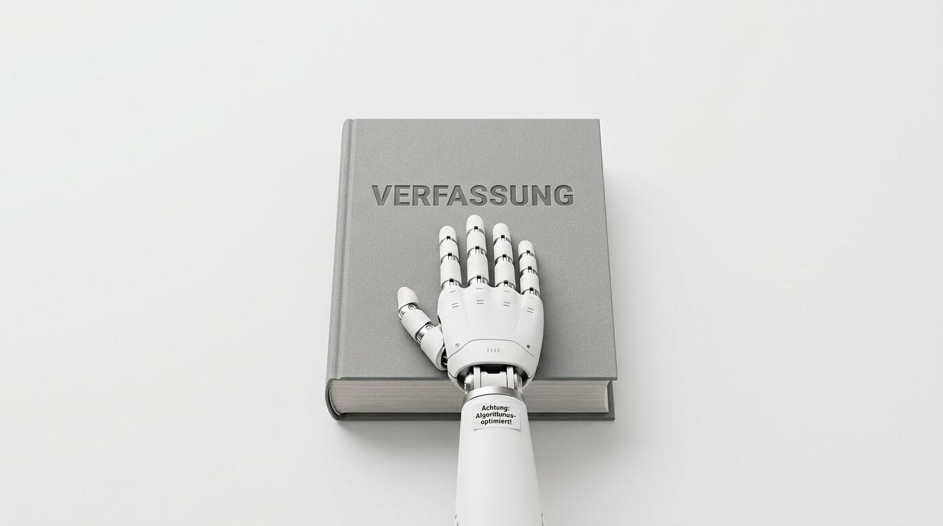 Roboterhand auf dem Buch „VERFASSUNG“, mit Aufkleber „Achtung: Algorithmus-optimiert!“