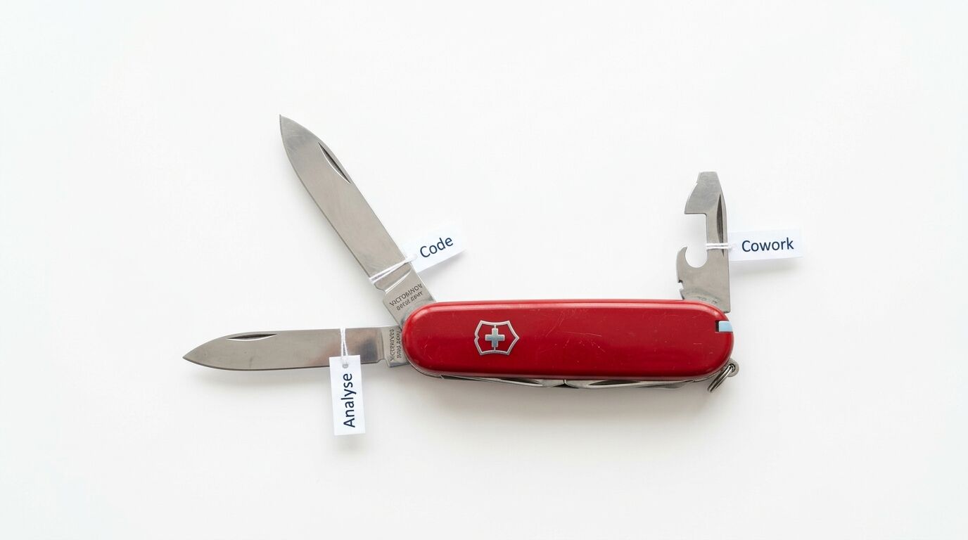 Rotes Taschenmesser mit drei Werkzeugen und Papieretiketten