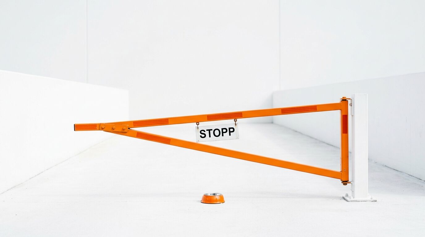 Orange Schranke mit „STOPP“-Schild, davor Napf. Hintergrund weißer Beton