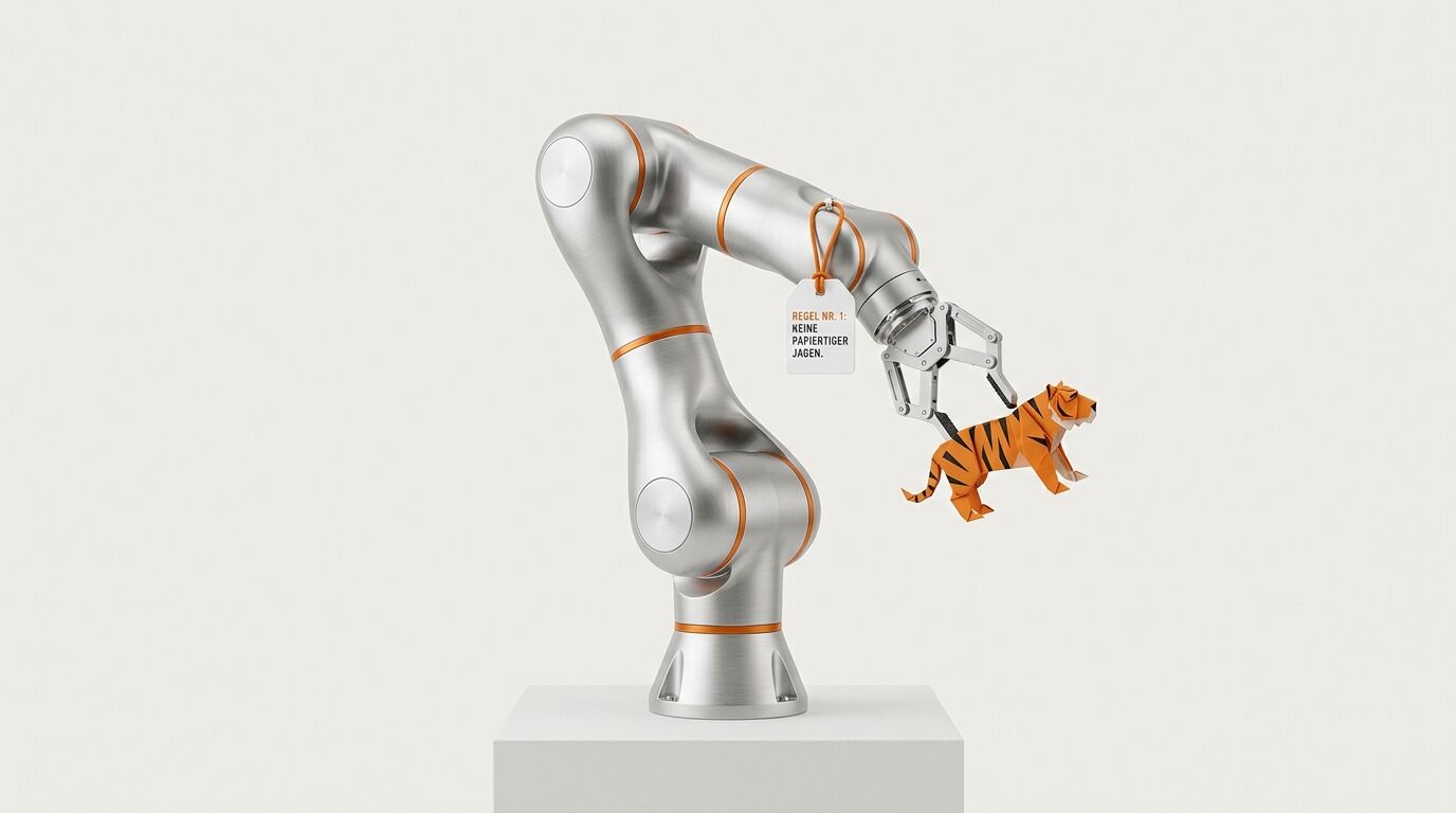 Roboterarm hält Origami-Tiger; Anhänger „REGEL NR. 1: KEINE PAPIERTIGER JAGEN.“
