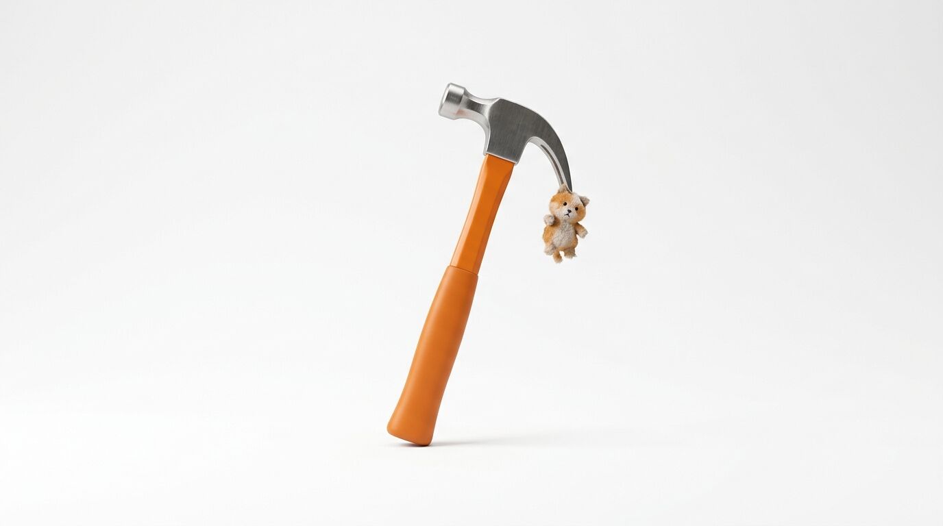 Hammer mit orangefarbenem Griff und kleinem Plüsch-Corgi im Klauenkopf auf weißem Grund
