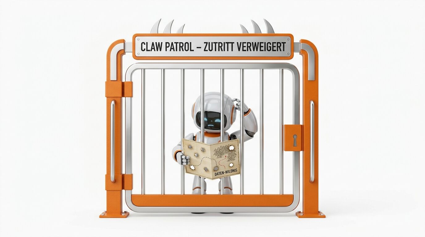 Ein Roboter blickt hinter einem Tor auf eine Karte mit der Aufschrift „DATEN-WILDNIS“