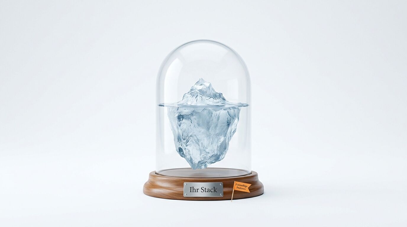 Eisbergmodell unter Glasglocke auf Holzsockel mit Plakette „Ihr Stack“ und kleinem Wimpel