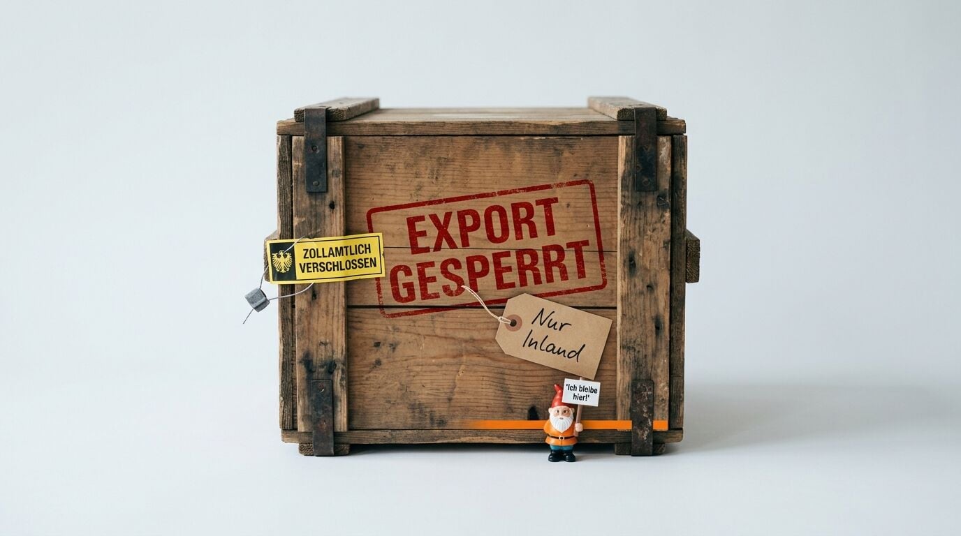 Holzkiste mit Stempel „EXPORT GESPERRT“, Zollplombe und Zwerg