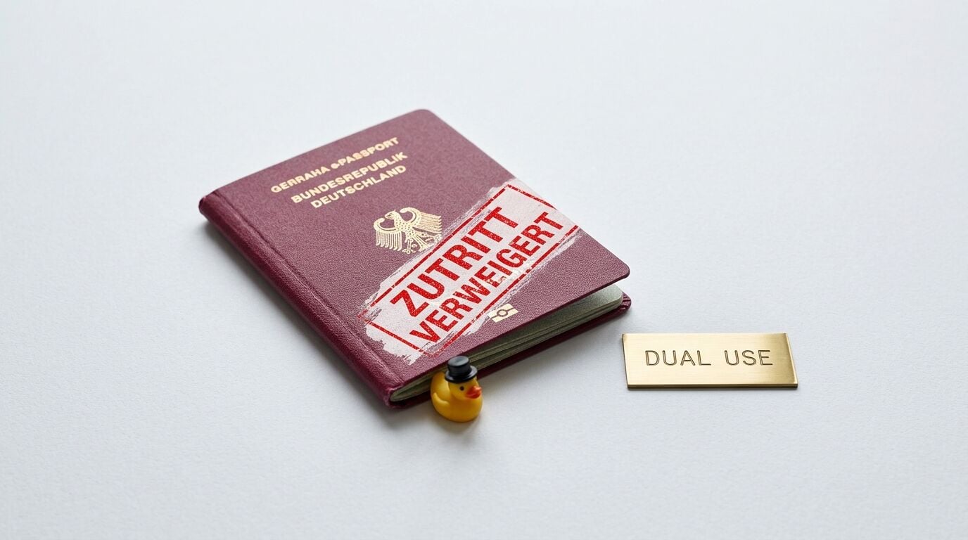 Deutscher Pass mit Stempel „ZUTRITT VERWEIGERT“, Badeente, Plakette „DUAL USE“