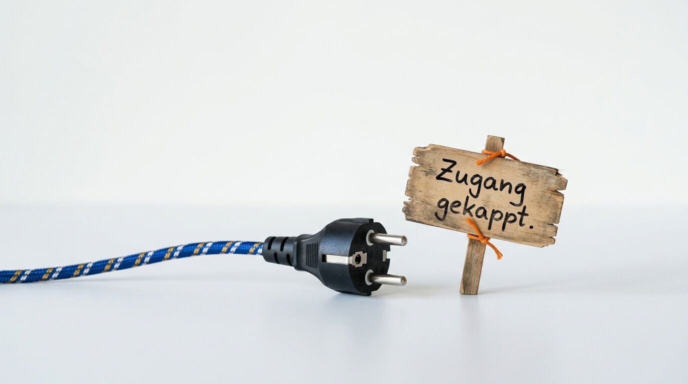 Zweipoliger Stecker mit blau-gelb-weißem Stoffkabel und Holzschild: „Zugang gekappt.“