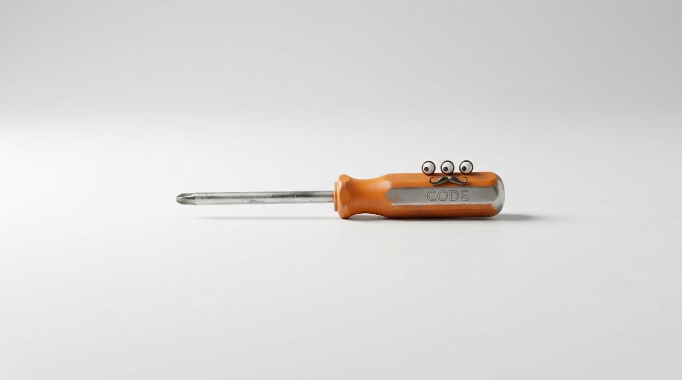 Horizontaler Schraubendreher mit orangem Griff, drei Wackelaugen und Schnurrbart