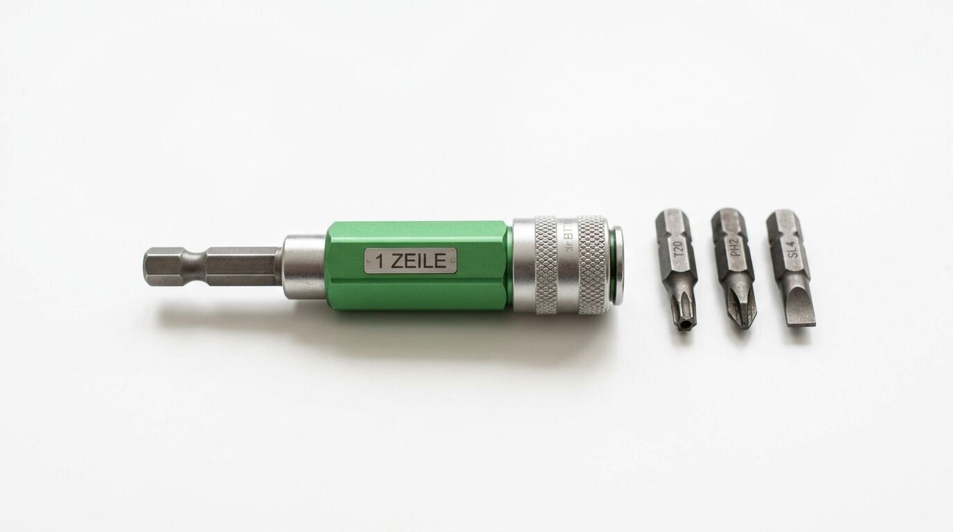 Ein grüner Werkzeugbithalter mit der Aufschrift „1 ZEILE“ und drei Bits