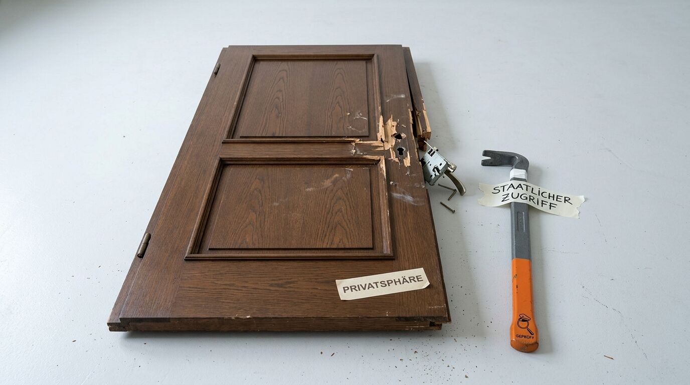 Zerstörte Tür mit Schild „Privatsphäre“ und Brecheisen mit Text „Staatlicher Zugriff“