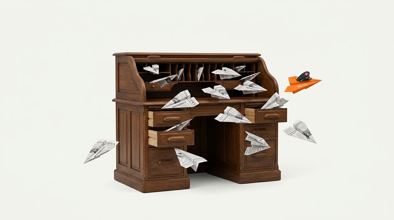 Hölzerner Rollschreibtisch mit Zeitungs-Papierfliegern und orangefarbenem Flieger mit Mütze
