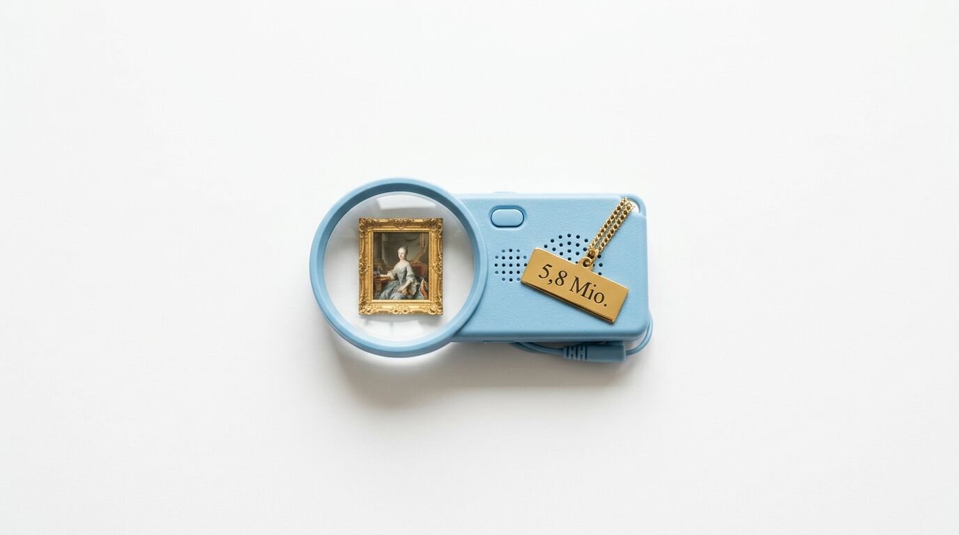 Lupe mit Porträtminiatur und Preisschild auf einem hellblauen elektronischen Gerät auf weißem Grund
