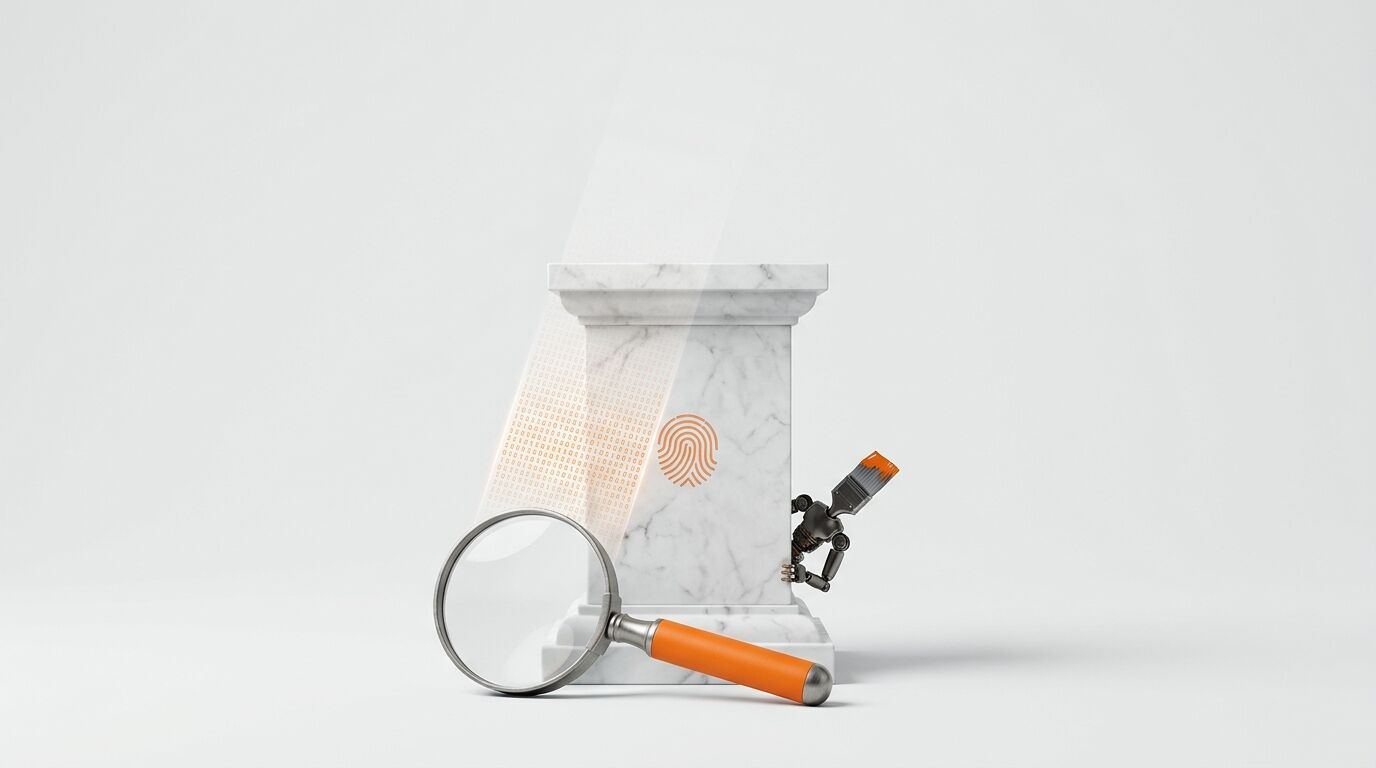 Marmor-Sockel mit Fingerabdruck, Lupe mit Code-Projektion und Malroboter auf hellem Grund