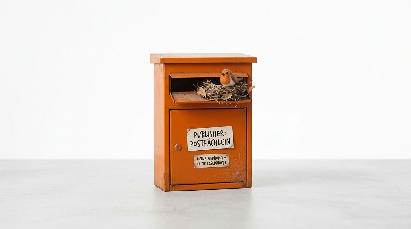 Ein orangefarbener Briefkasten mit einem kleinen Vogel im Nest und dem Wort