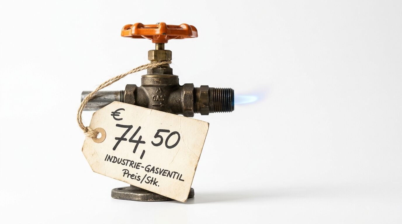 Industrie-Gasventil mit Flamme und Preisschild € 74,50 vor weißem Hintergrund