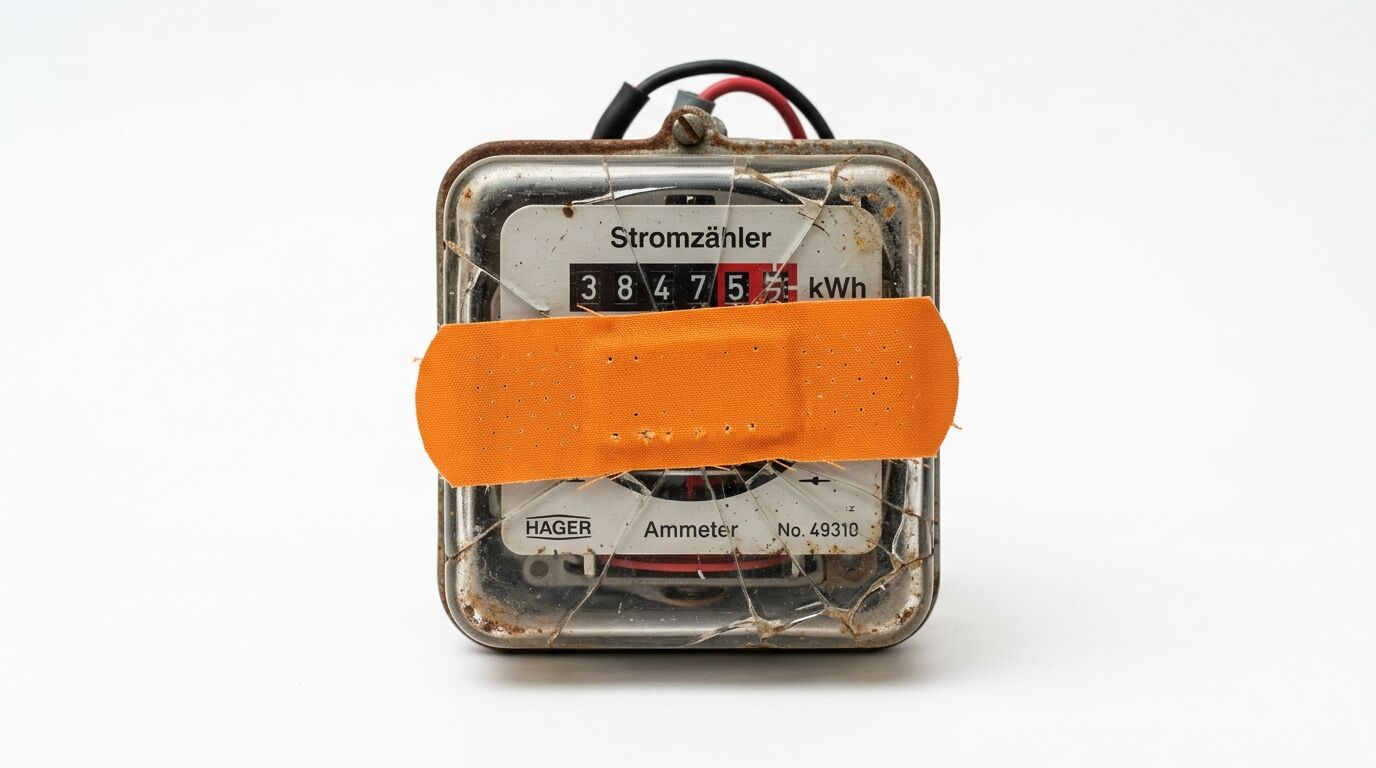 Stromzähler mit geborstenem Glas, überklebt mit orangefarbenem Heftpflaster