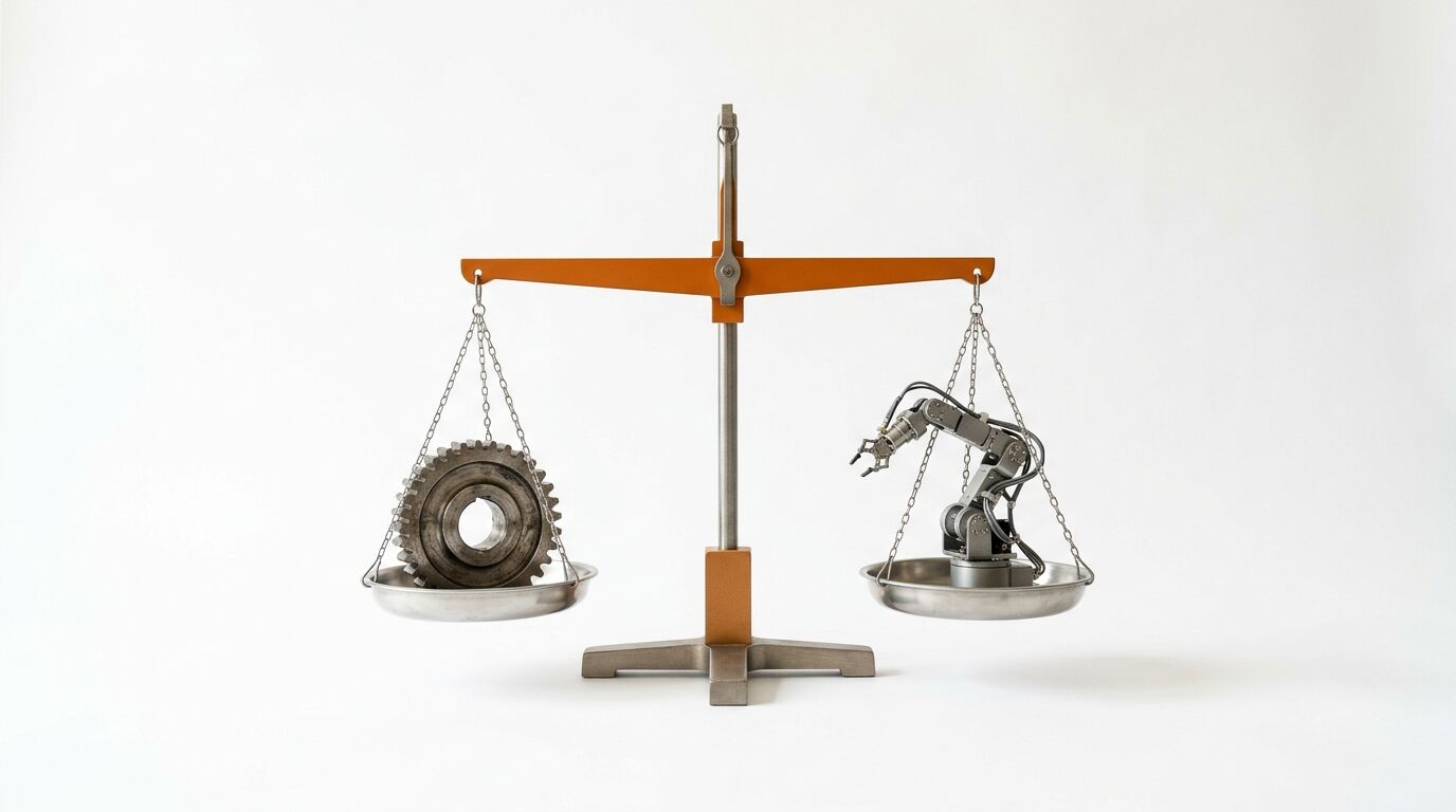 Waage mit Zahnrad links und Roboterarm rechts im Gleichgewicht vor weißem Hintergrund