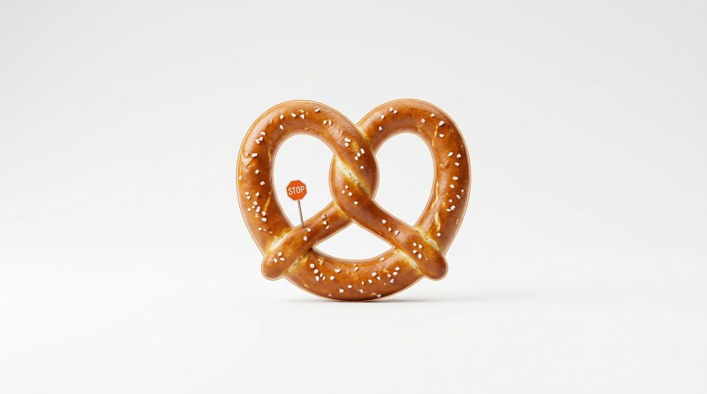 Eine gesalzene Brezel mit einem kleinen Stoppschild darin vor weißem Hintergrund