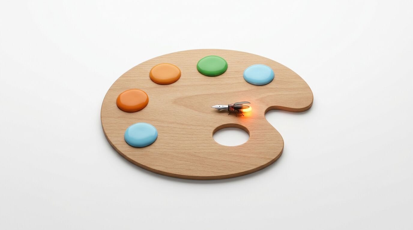 Holzpalette mit fünf Farbklecksen und einem Hybrid aus Insekt und Füllfederhalter