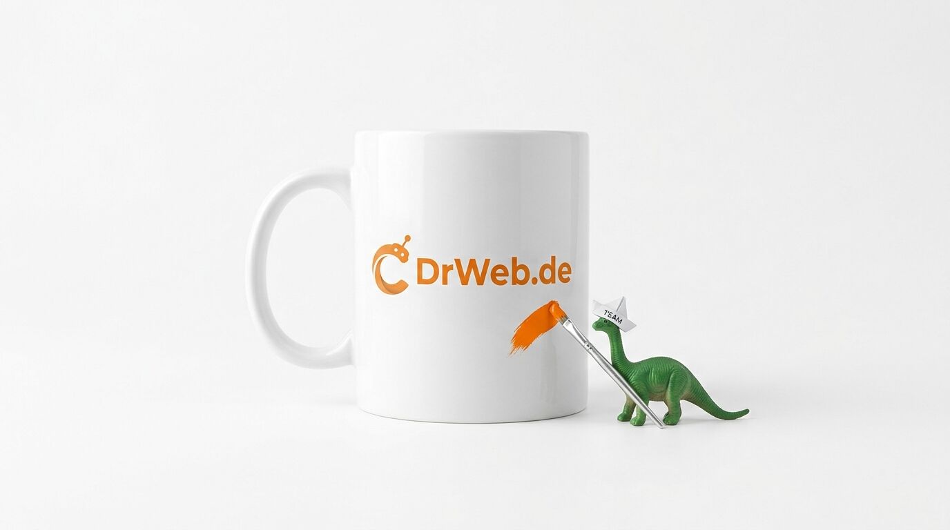 Eine weiße Tasse mit „DrWeb.de“-Aufdruck, ein kleiner Dinosaurier bemalt sie orange