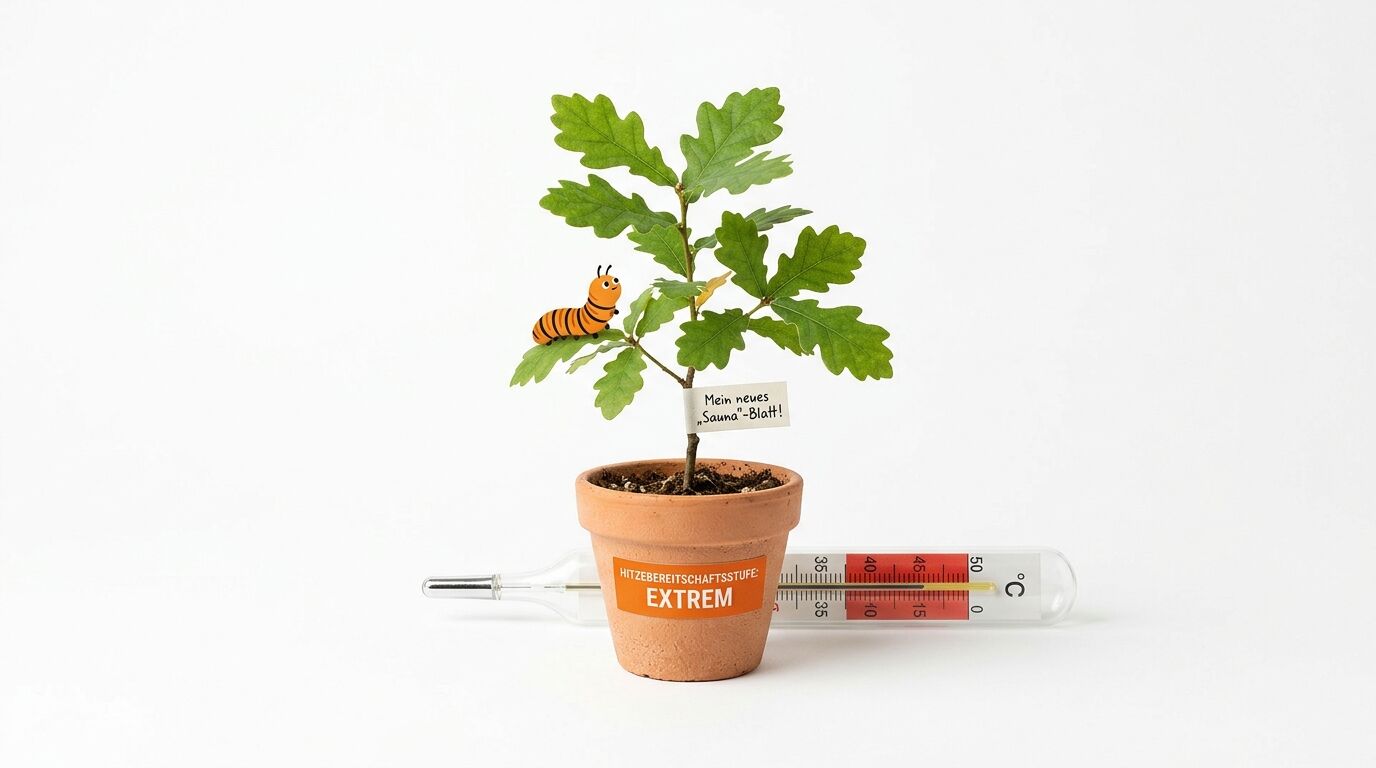 Kleiner Eichenbaum im Topf mit Raupe, Schild und Fieberthermometer vor weißem Hintergrund