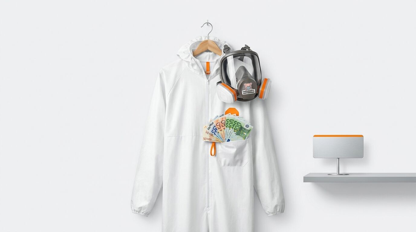 Hängender weißer Schutzanzug mit Gasmaske und Euro-Scheinen in der Tasche