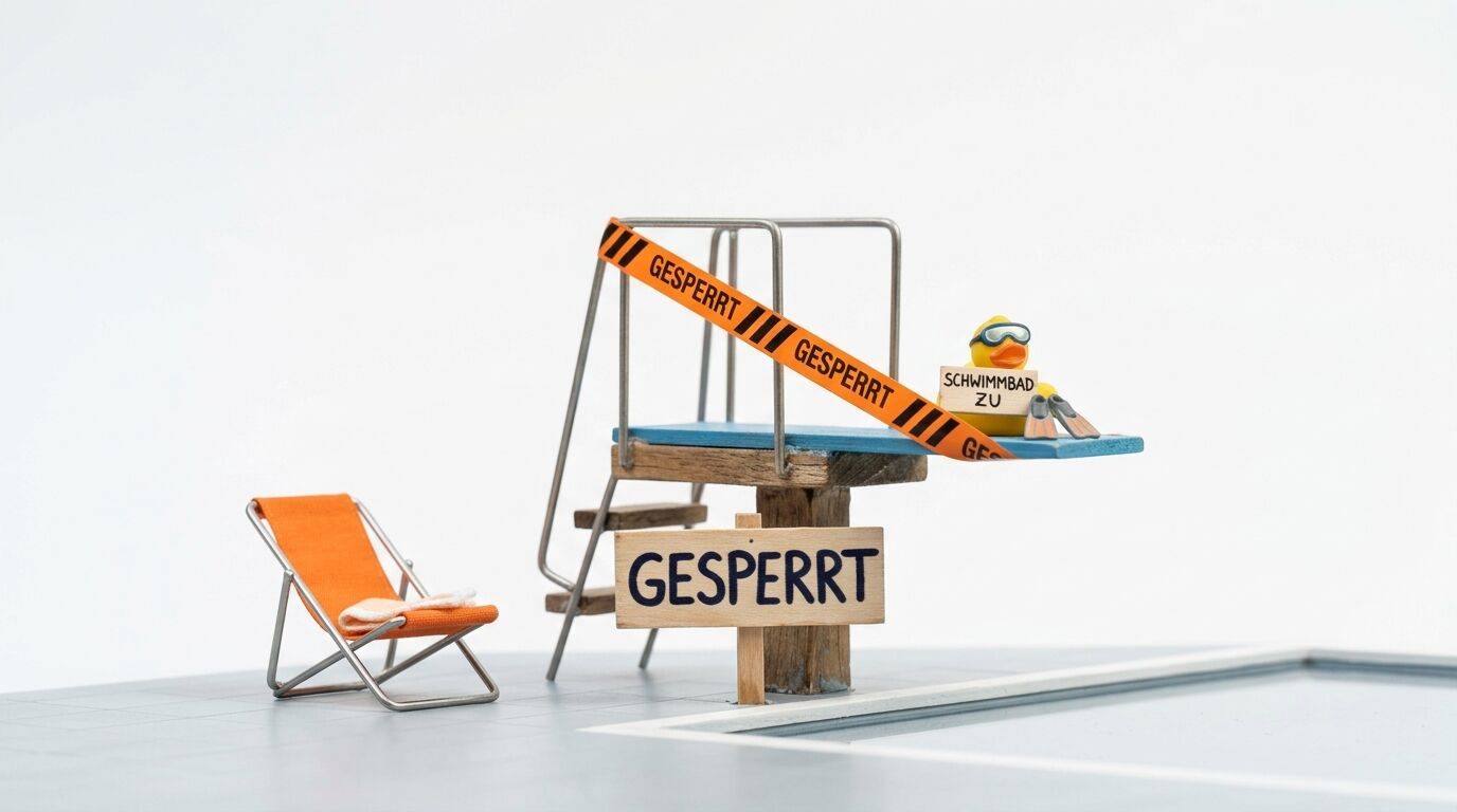 Modell eines gesperrten Sprungturms mit Badeente, Liegestuhl und Warnschildern