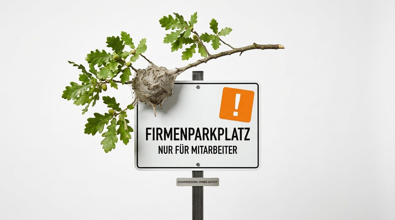 Parkplatzschild mit Eichenast und Gespinst, weißer Hintergrund