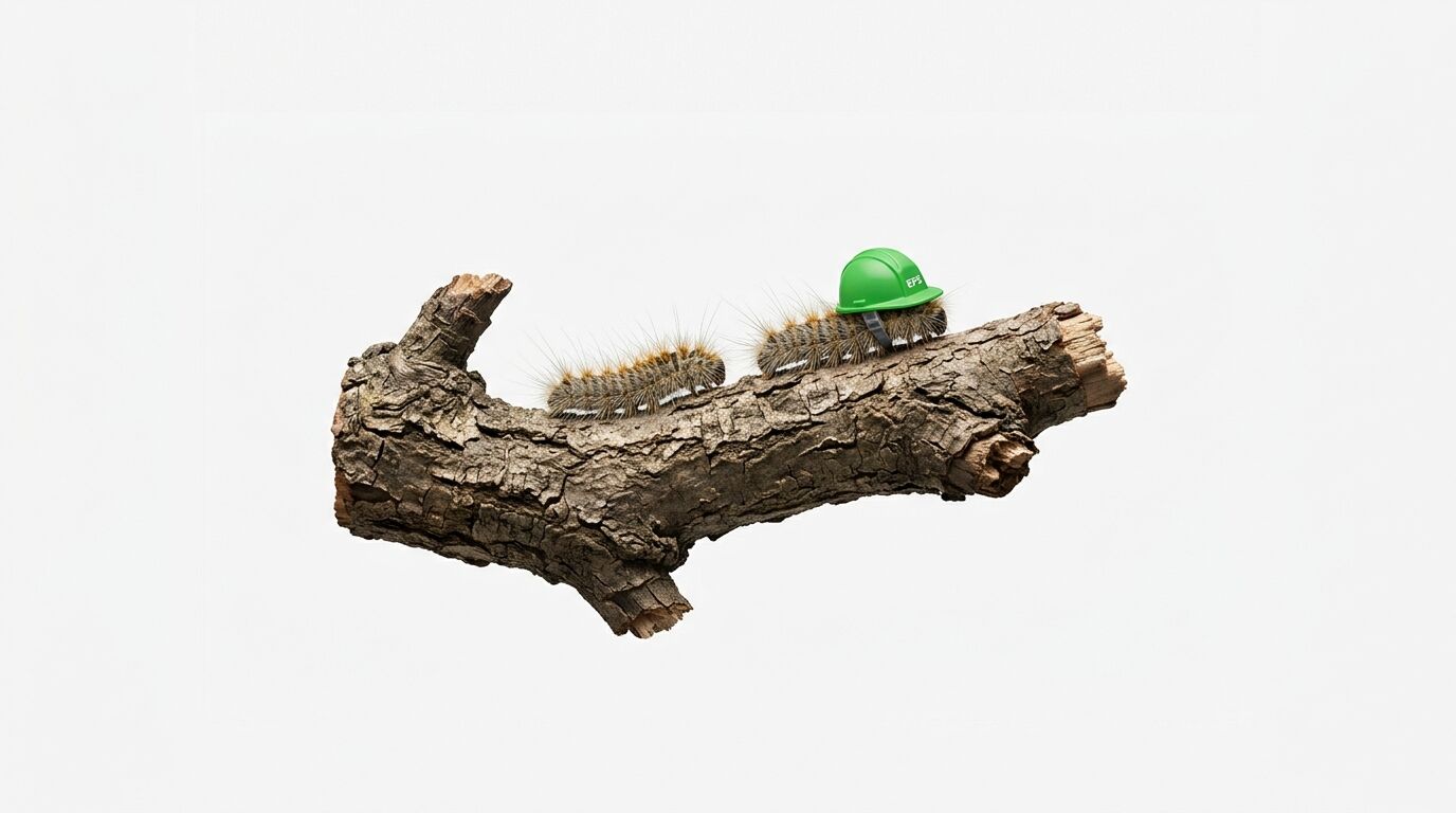 Zwei Raupen auf Ast, die vordere trägt einen grünen Bauhelm, vor weißem Hintergrund