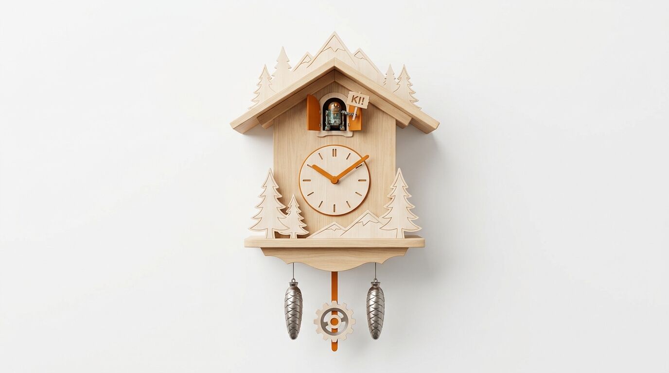 Holz-Kuckucksuhr mit Roboter, der ein Schild mit 