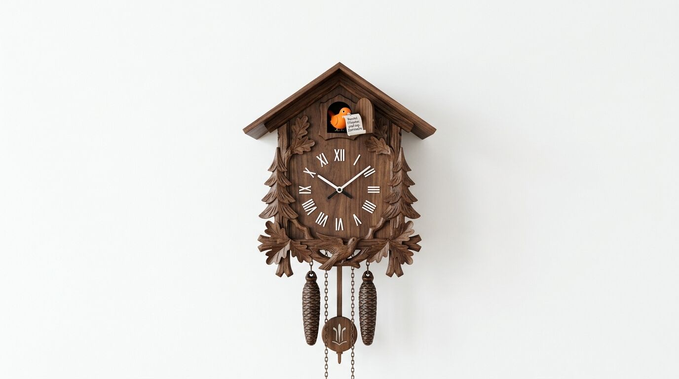 Traditionelle Kuckucksuhr aus Holz vor weißem Hintergrund
