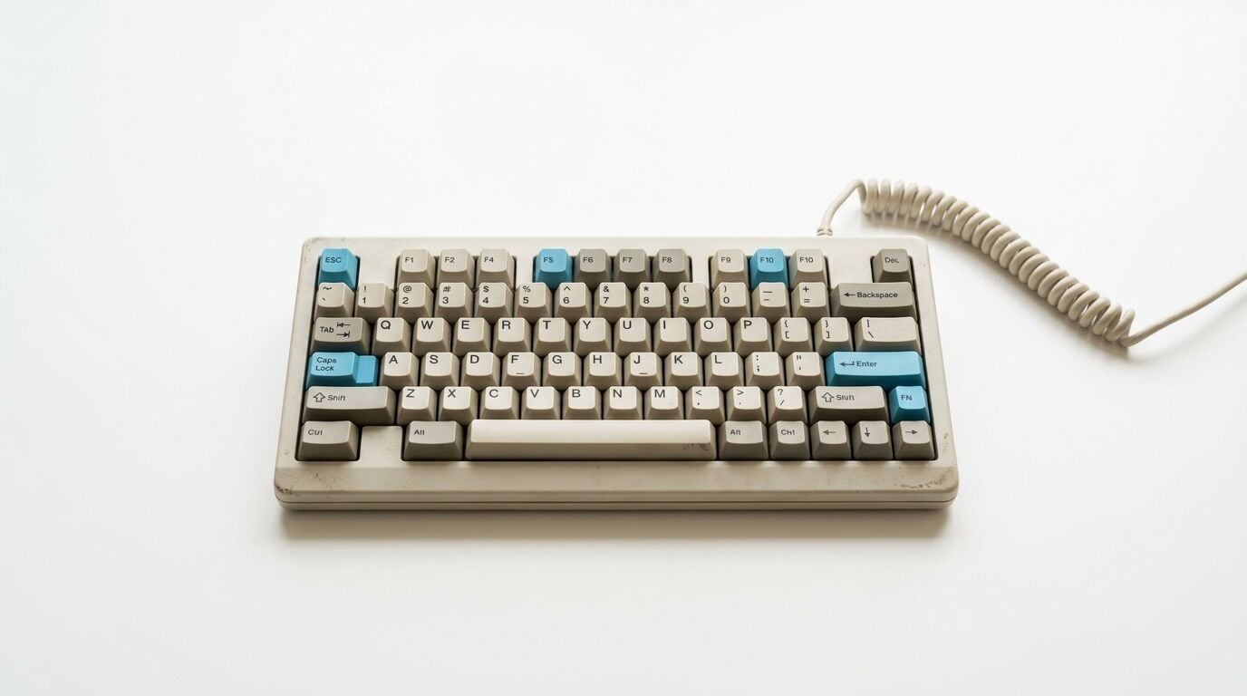 Draufsicht auf eine graue Retro-Tastatur mit blau getönten Akzenttasten und Spiralkabel