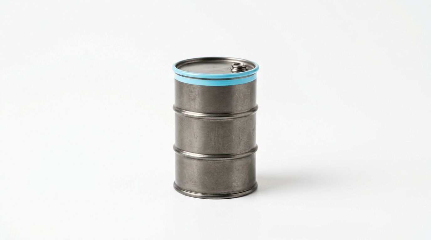 Ein metallgraues Ölfass mit einem blauen Streifen am oberen Rand steht vor weißem Hintergrund