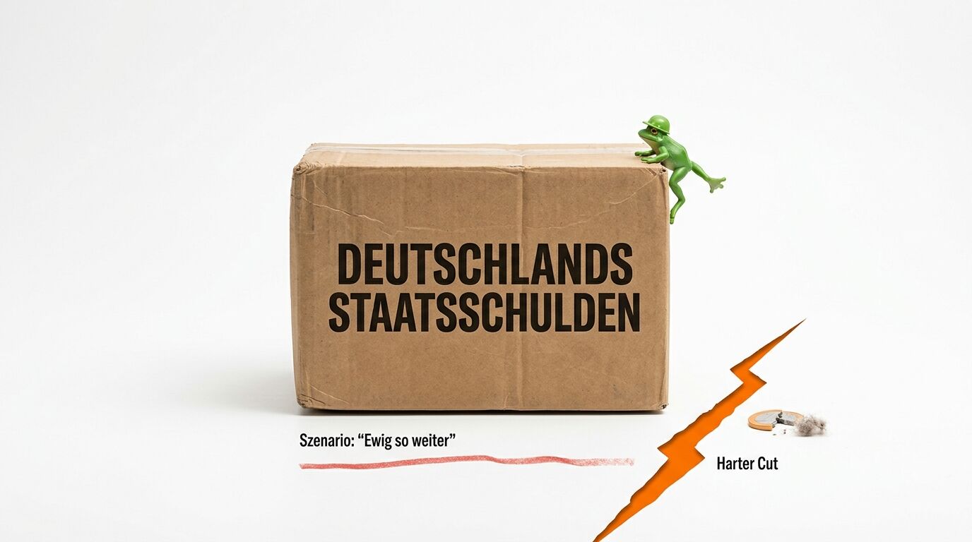 Ein Karton mit Text vor weißem Hintergrund, ein Spielzeugfrosch und eine orange Grafik