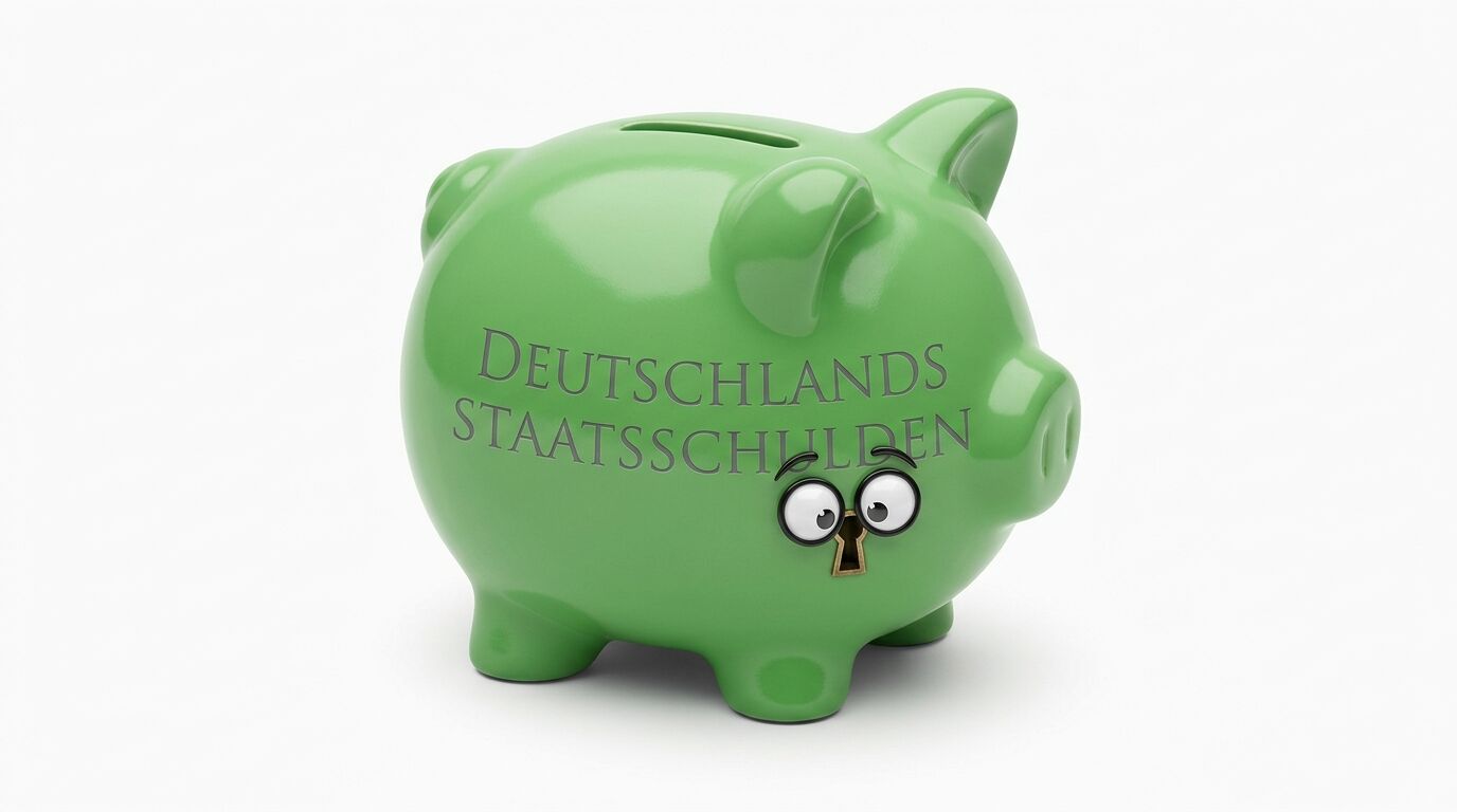 Grünes Sparschwein mit der Aufschrift DEUTSCHLANDS STAATSSCHULDEN vor weißem Hintergrund