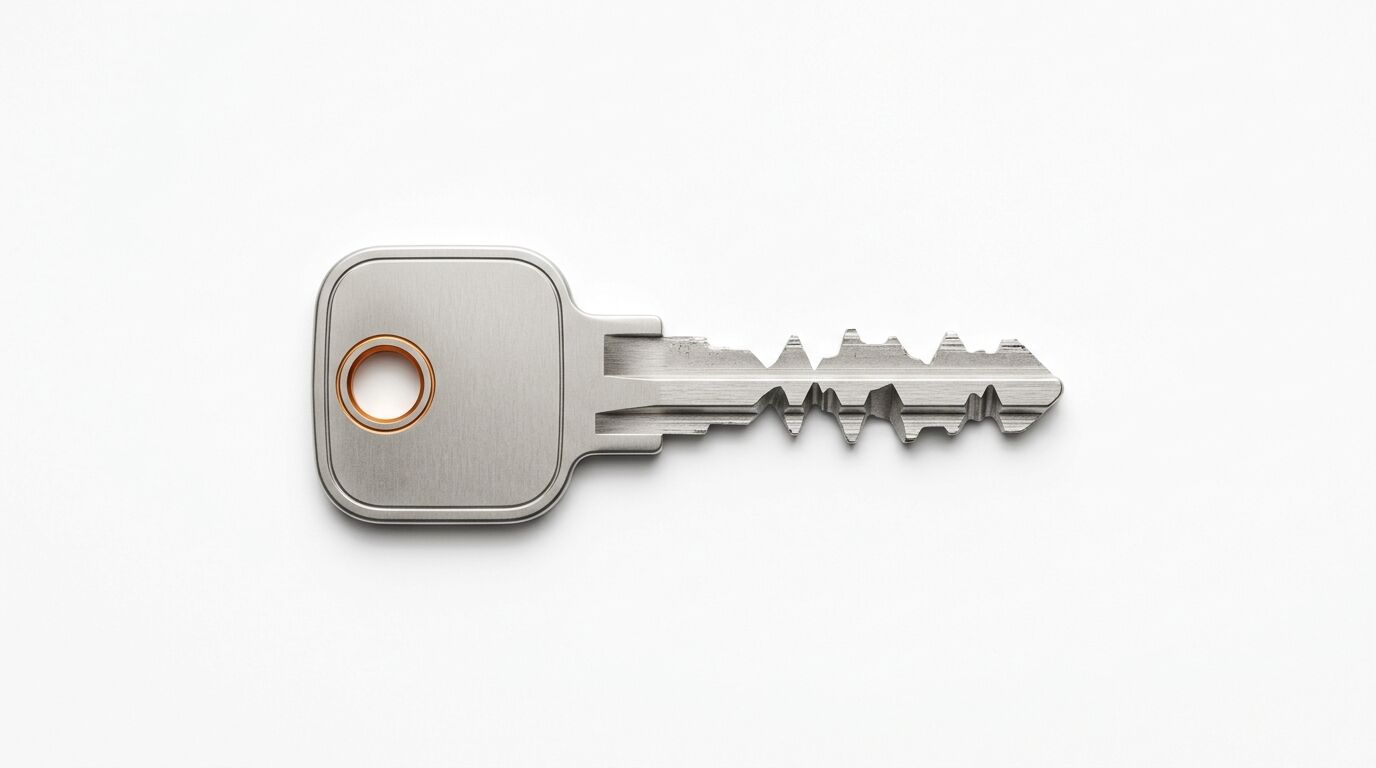 Ein metallischer Schlüssel mit Kupferring liegt horizontal auf weißem Untergrund
